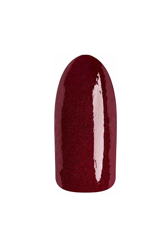 EzFlow TruDIP Heavy Pour swatched onto a fake nail showing its shimmering dark red finish