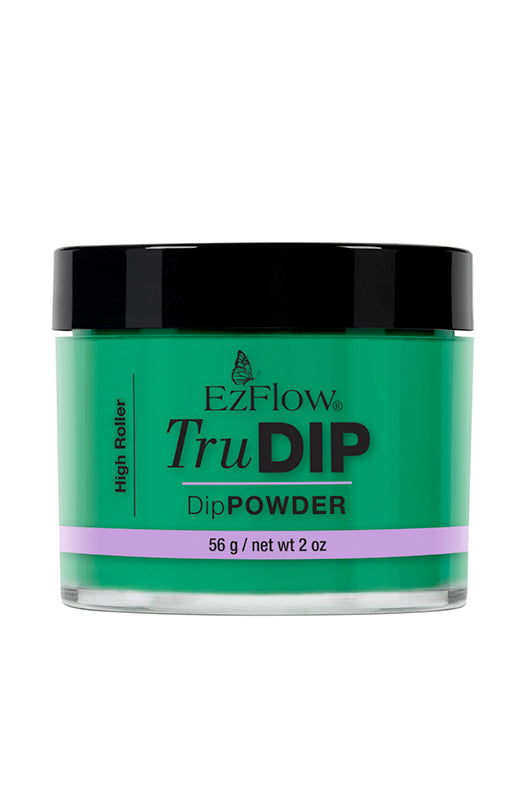 A 2 ounce glass jar of EzFlow TruDIP High Roller covered with black twist cap & printed with product details