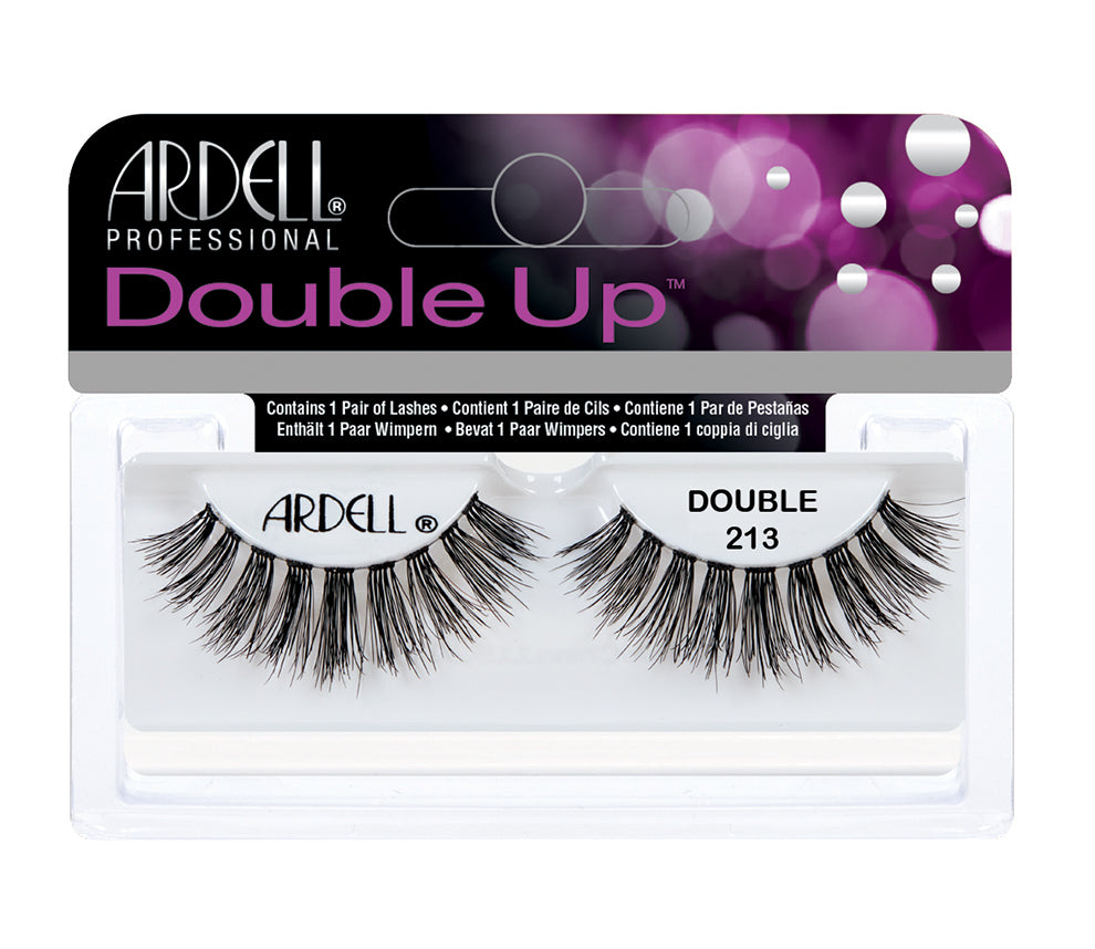 A single pair of Ardell Double Up 213 inside its retail packaging with some text written on it