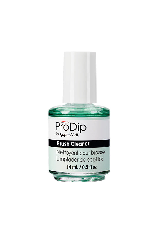 A view in a slightly side-view of ProDip by Supernail Brush Cleaner in 0.5-ounce size with printed label text