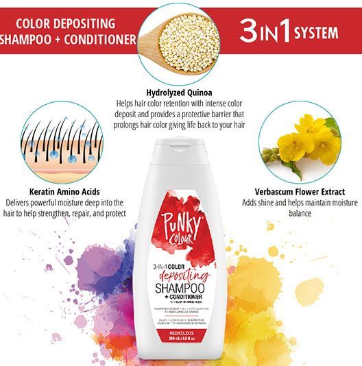 Punky Colour Redilicious Shampoo Benefits – Infographic highlighting key nourishing ingredients and hair care benefits.