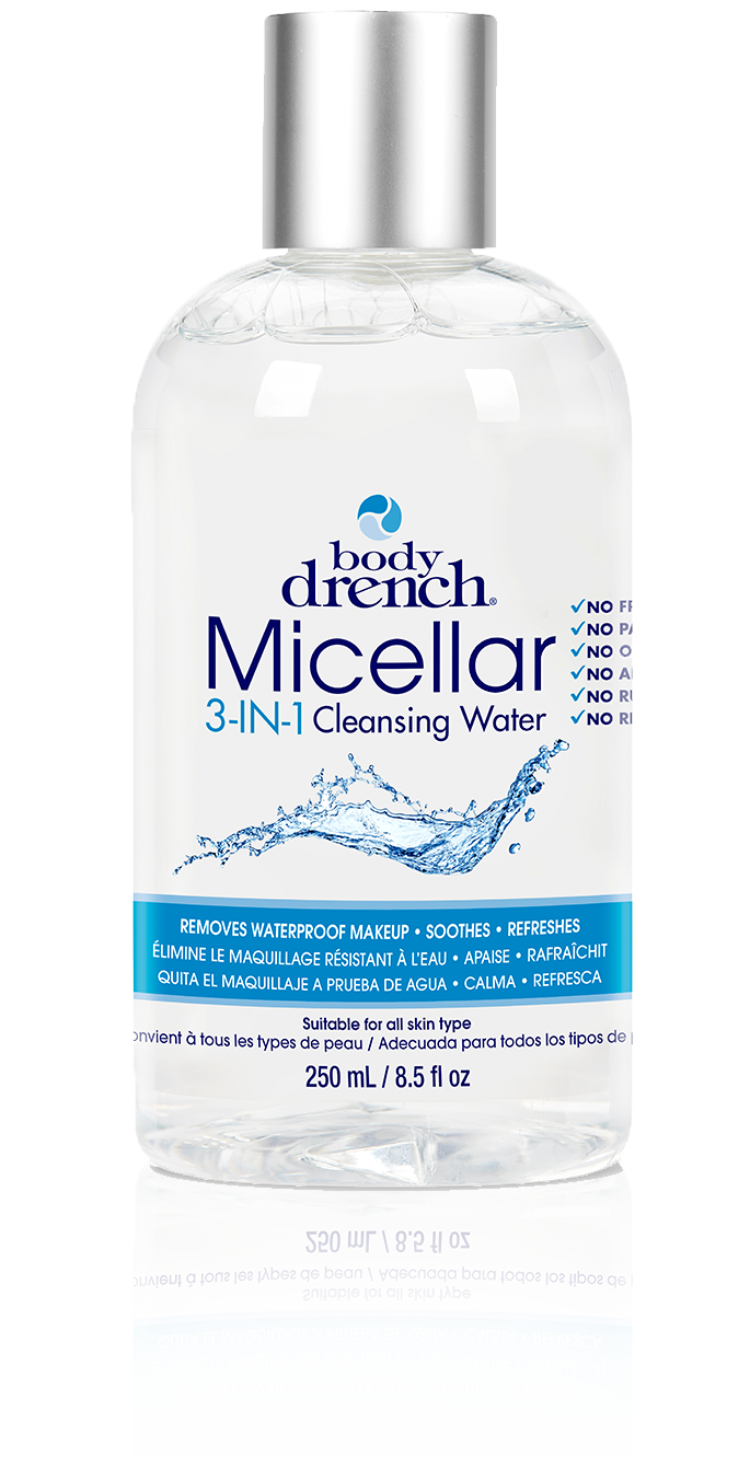 Body Drench Micellar 3-IN-1 Cleansing Water – 250mL / 8.5 fl oz Gentle micellar water removes makeup and soothes skin.