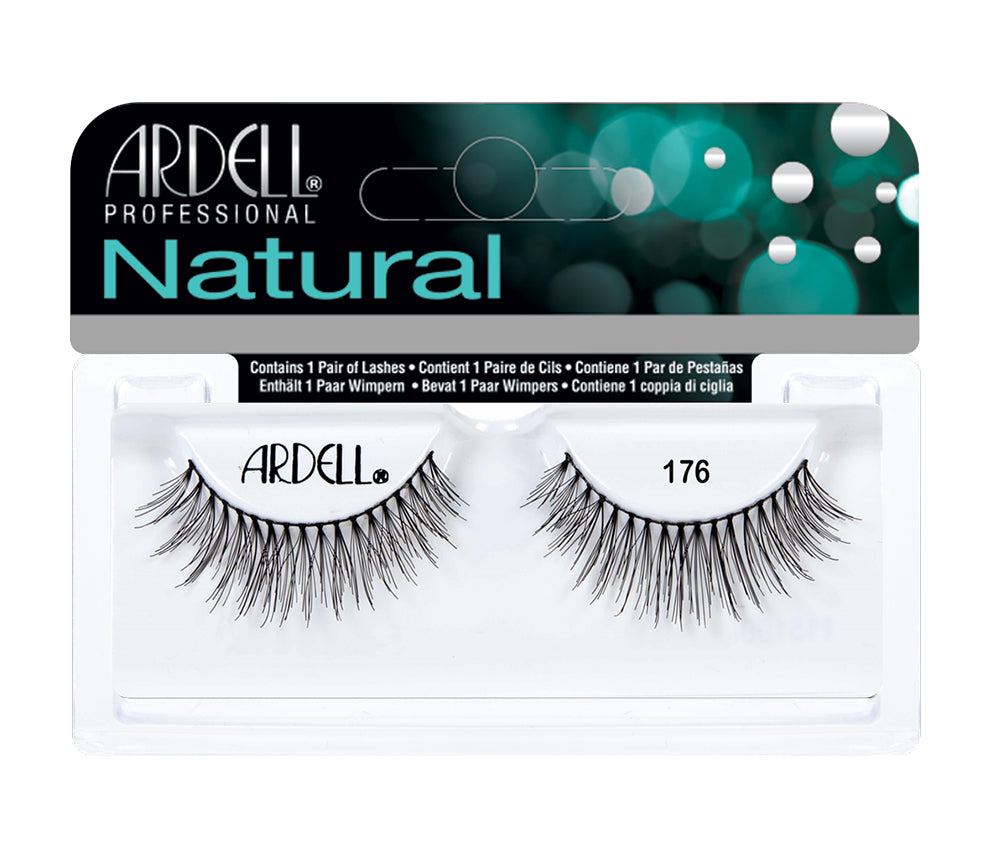 Front view of an Ardell Natural 176 faux lashes set in complete retail wall hook packaging