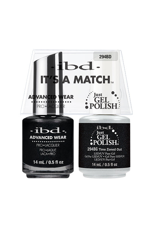 Frontal view of ibd Advanced Wear Color Duo with Just Gel Polish in Time Zoned Out variation on its 0.5-ounce bottle
