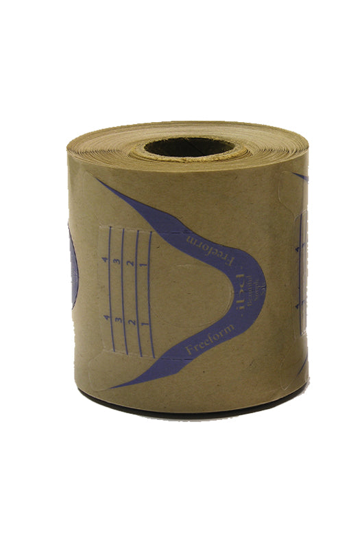 Front view of a roll of ibd Clear Gel Nail Forms featuring nail guide markings on brown paper