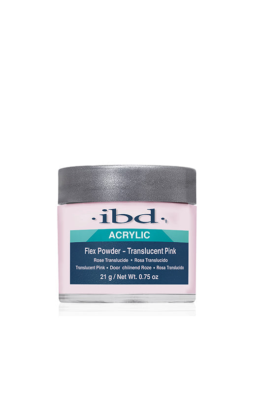 Front view of a 0.75-ounce jar container of ibd Flex Translucent Pink Powder with a glossy grey cap & product label