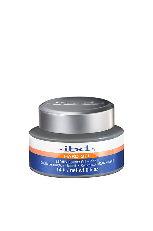 A front-facing 0.5 ounce grey jar of ibd Hard Gel LED/UV Pink II with the label featuring product name & information