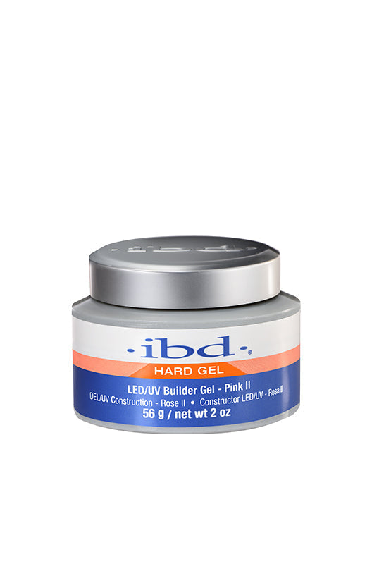 Front view of a 2 ounce capped round grey plastic tub containing ibd Hard Gel LED/UV Pink II