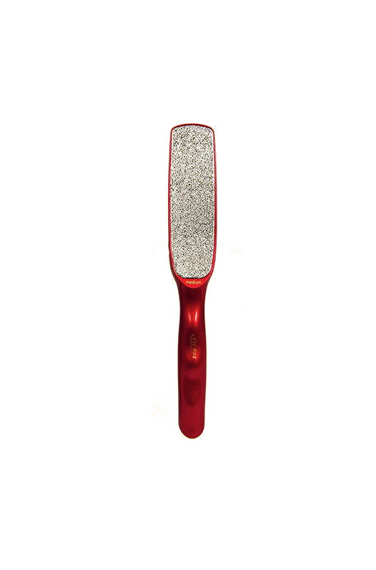 Checi Pro Dual-Sided Foot File featuring its red handle & its medium abrasive surface facing forward