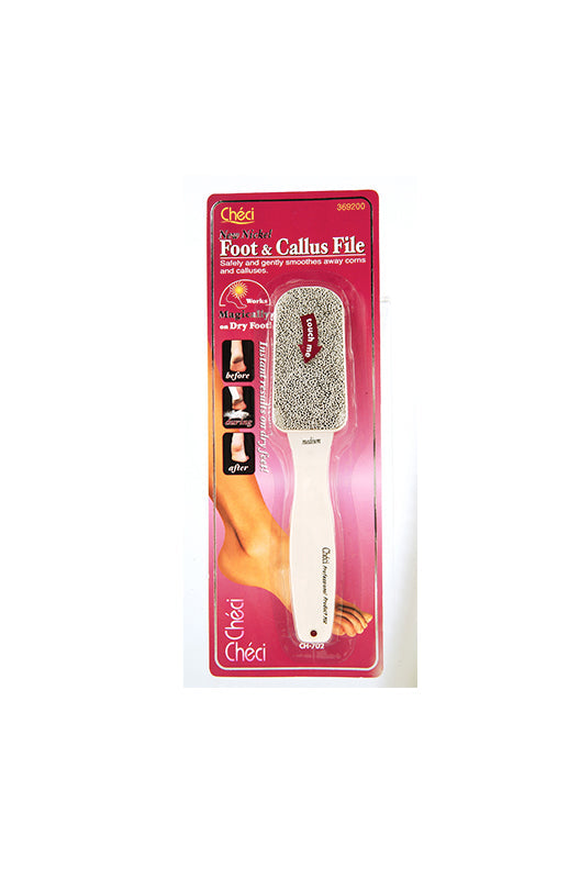 Checi Pro Medium Foot File within its pink themed retail packaging printed with product name, details, & illustrations