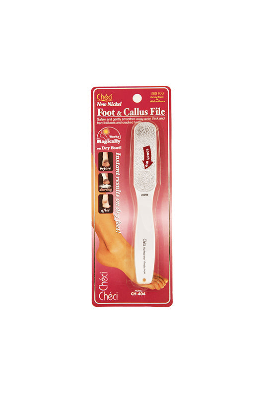 Checi Pro Coarse Foot File in its retail wall hook packaging showing through featuring its white handle & abrasive surface