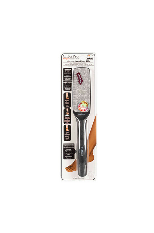 Front view of Checi Pro Medium Foot File in its plastic retail packaging featuring its black handle & medium abrasive surface