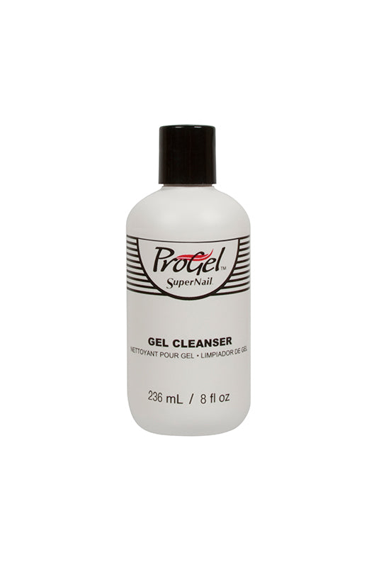 Front view of SuperNail ProGel Cleanser with labeled text in a white color bottle and black cap cover in an 8-ounce bottle