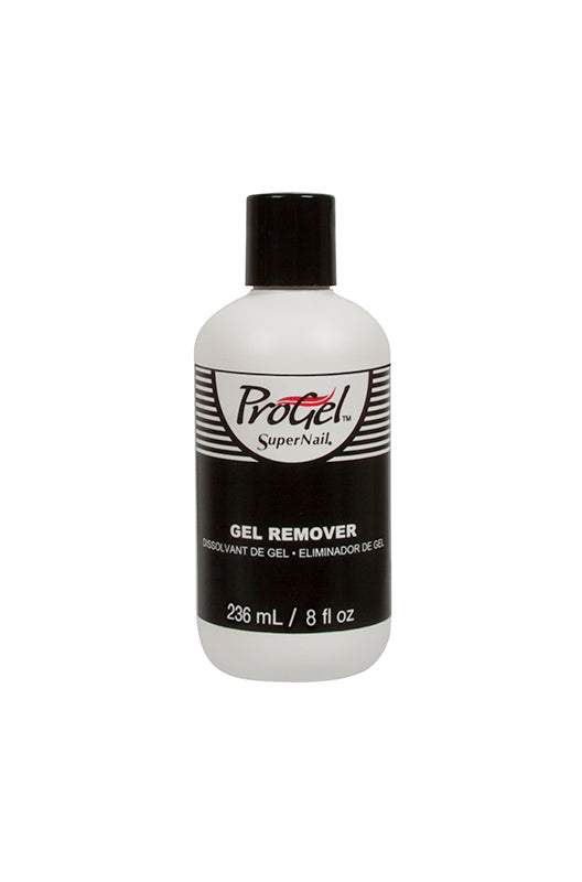 Frontal view of SuperNail ProGel Remover witth black color lid in 8-ounce bottle with printed product information