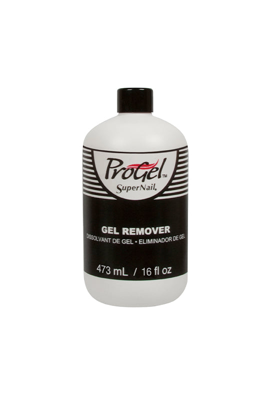 Front-facing of a capped16-ounce bottle of SuperNail ProGel Remover featuring its product details and information