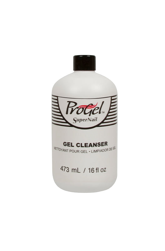 Frontage of SuperNail ProGel Cleanser with printed label and product information in a 16-ounce bottle