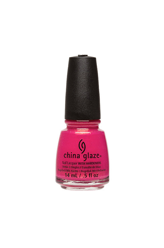 Bottle of nail polish from China Glaze with labeled text in Strawberry Fields color shade