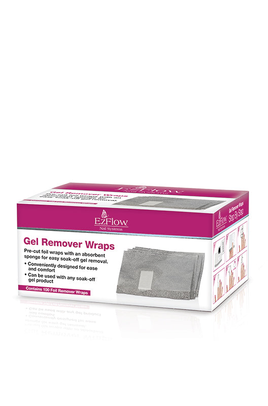 Three-dimensional illustration of EzFlow Gel Remover Pre-cut foil wraps with product label and information