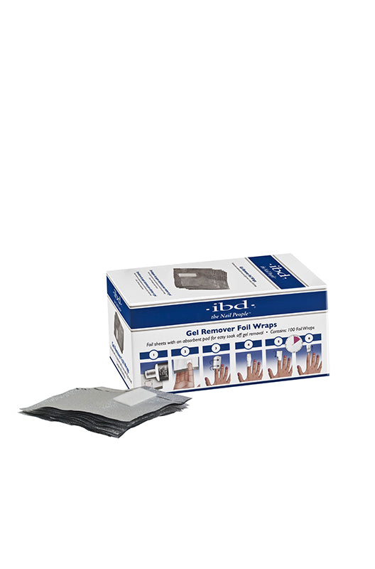 Expansive 3D illustration of 100pc/pack of Just Gel Polish Gel Remover Foil Wraps with detailed text on its box