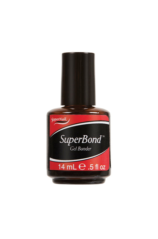 Frontage of SuperNail SuperBond with printed label and product information in a 0.5-ounce glass bottle
