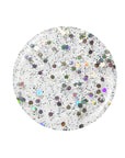 A round shape with sparkly water texture nail polish sample color swatch in white setting