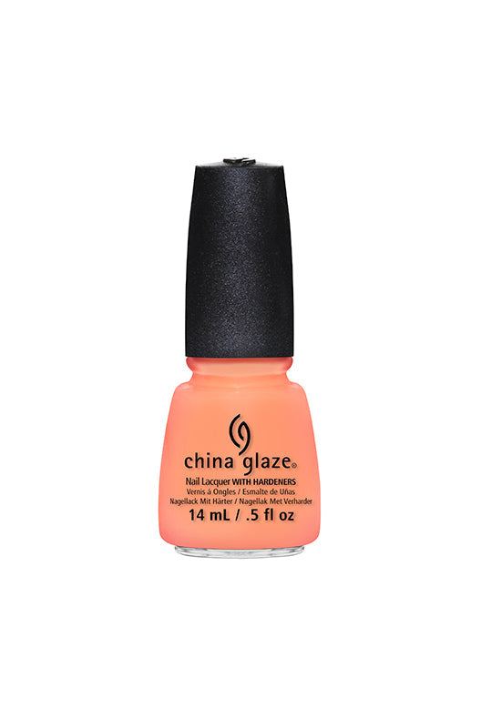 Front view of bright peach nail polish bottle from China Glaze with Sun of a Peach variant isolated in white background
