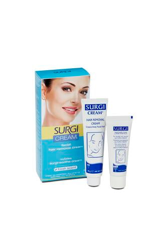 3D perspective of Surgi hair removal cream in tube type container showing its front and back details