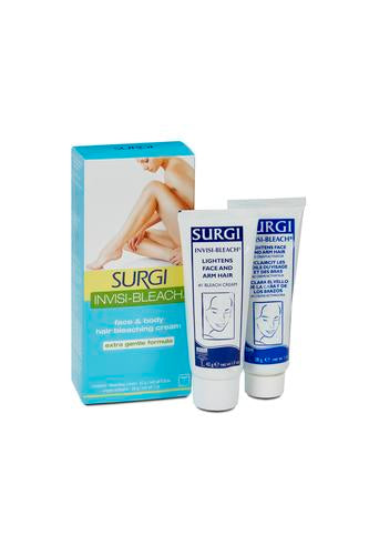 The 3D perspective of Surgi Hair and Body Bleaching Cream invisi-bleach variant revealing its container beside its packaging