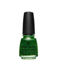 Expansive view of a 14ml capped nail lacquer bottle of China Glaze with black cover lid in white color setting