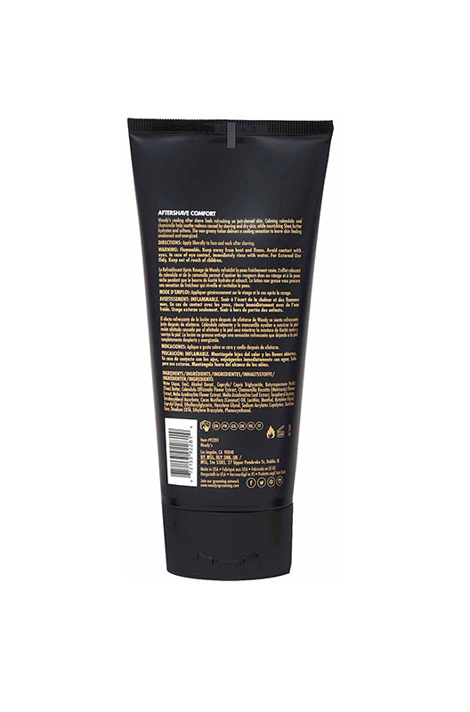 Back of Woody's Aftershave Comfort squeeze tube container printed with complete product information and barcode