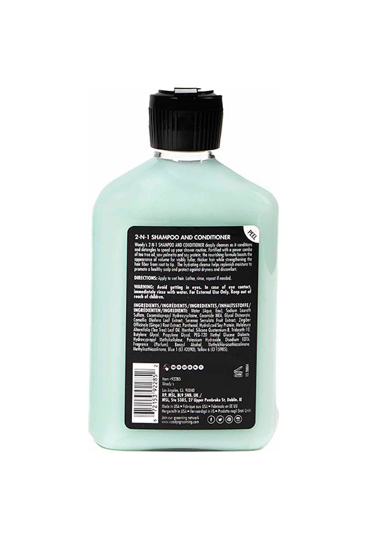 Back of Woody's 2-N-1 Shampoo Conditioner 12 ounce bottle with label detailing product information and ingredients.