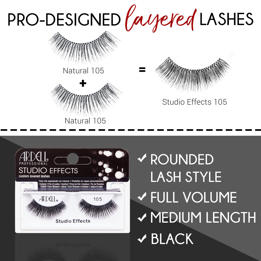 An illustration of Ardell Studio Effects 105 showing its Pro-designed layered lashes & its key features