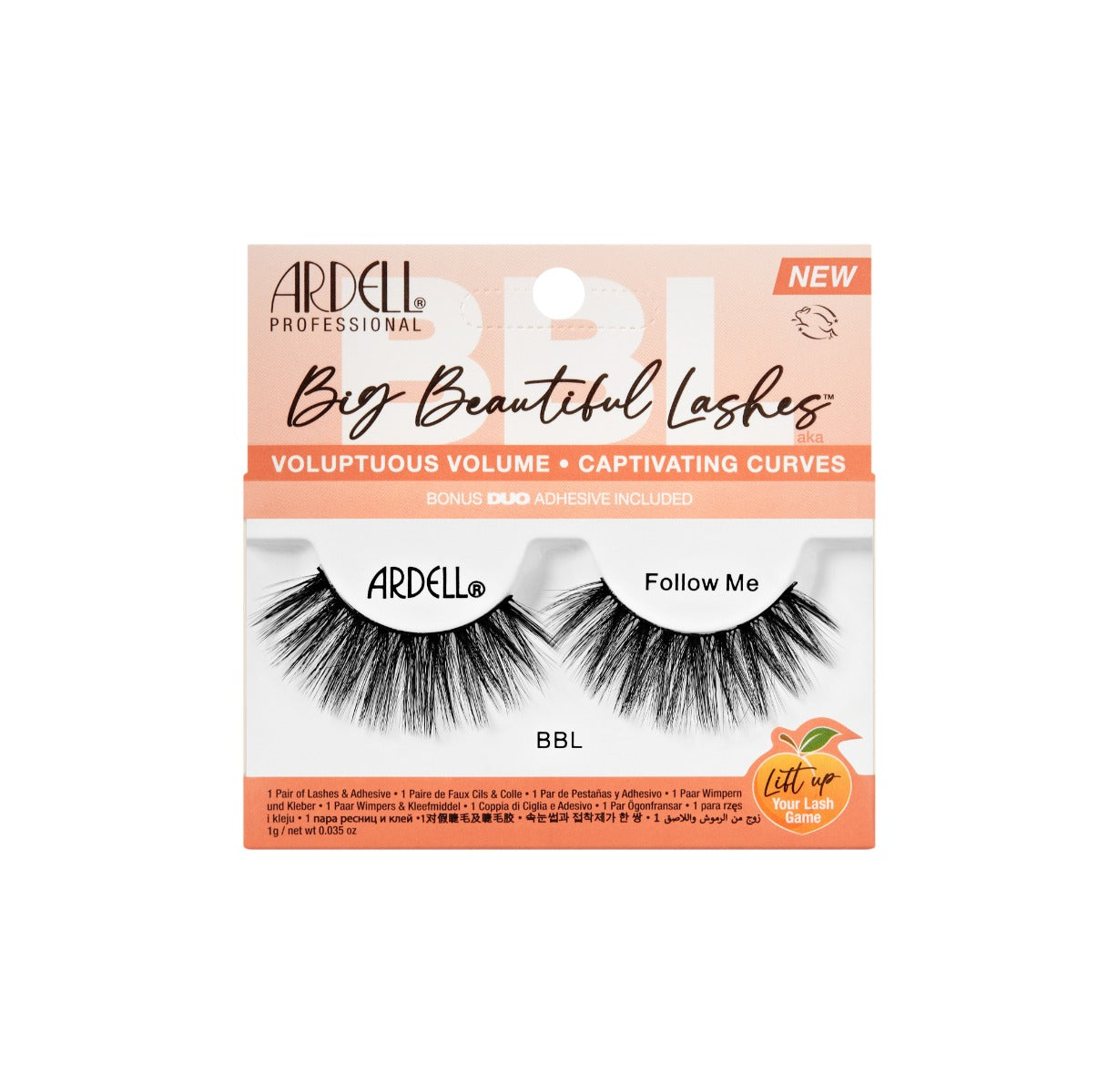 Front facing of Ardell Big Beautiful Lashes Follow Me wall-hook ready pack with printed product details and information