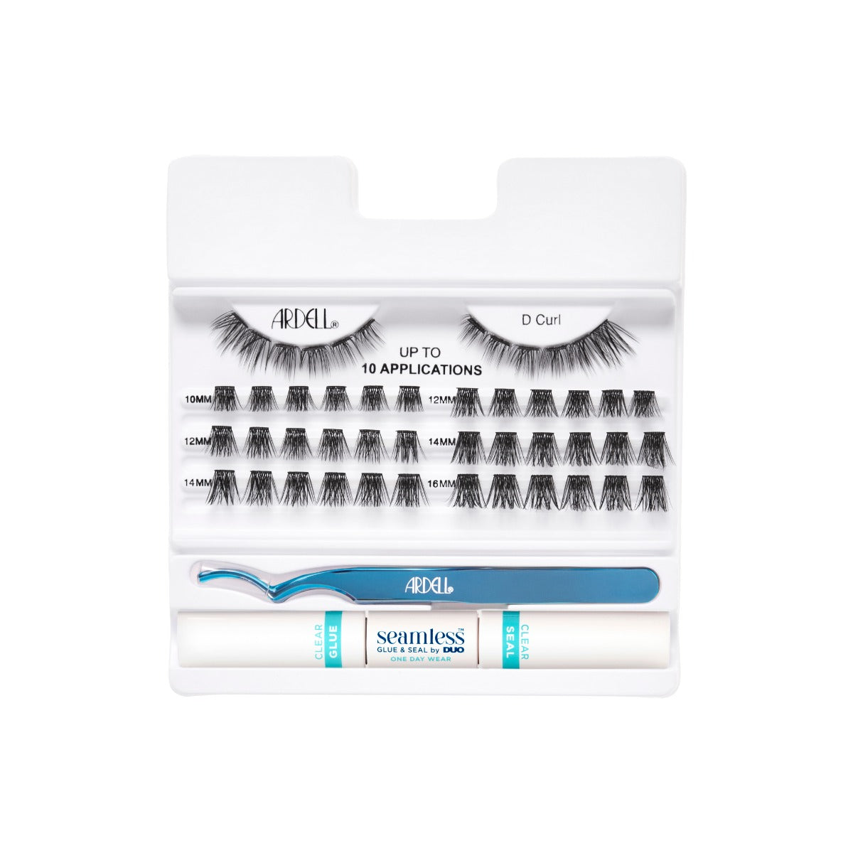 Seamless Underlash Extensions Fauxmink D Curl + 1 Day Clear Glue & Seal packaging tray showing all inclusions