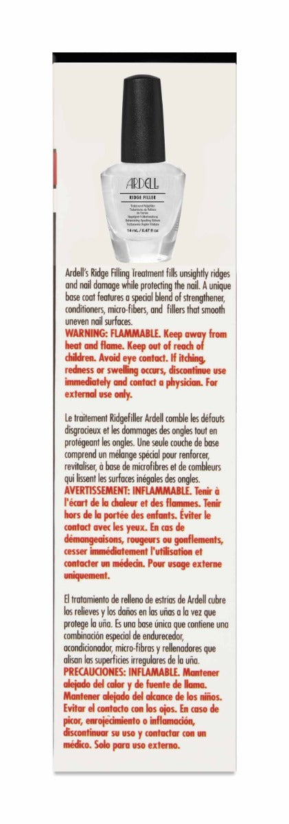 Ardell Ridge Filler packaging with product description in English, highlighting nail-strengthening benefits.