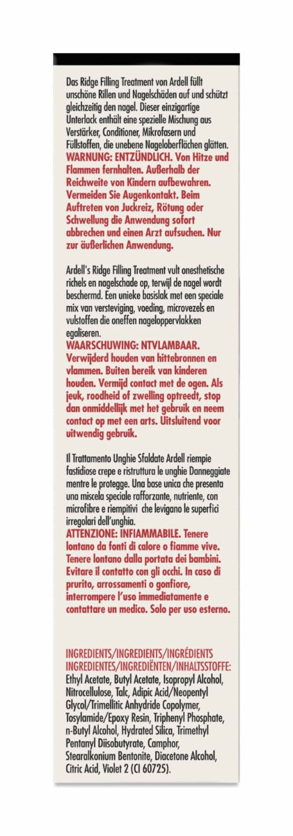 Backside of Ardell Ridge Filler packaging with multilingual product details, warnings, and ingredient list.