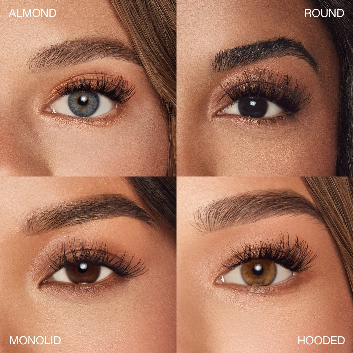 Four different eye shape of a woman using Seamless Underlash Extensions Wispies