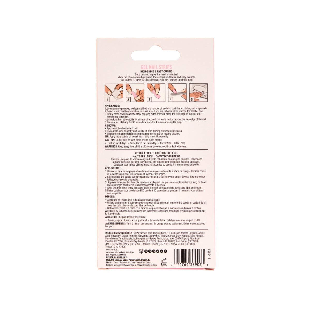 Back packaging of Ardel Gel Nail strips with printed product details