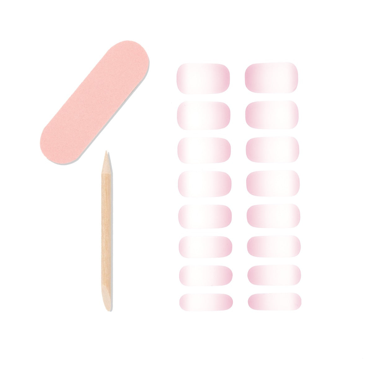 1 mini dual sided nail file, 1 orange wood stick and16 gel nail strips lay in a white color setting