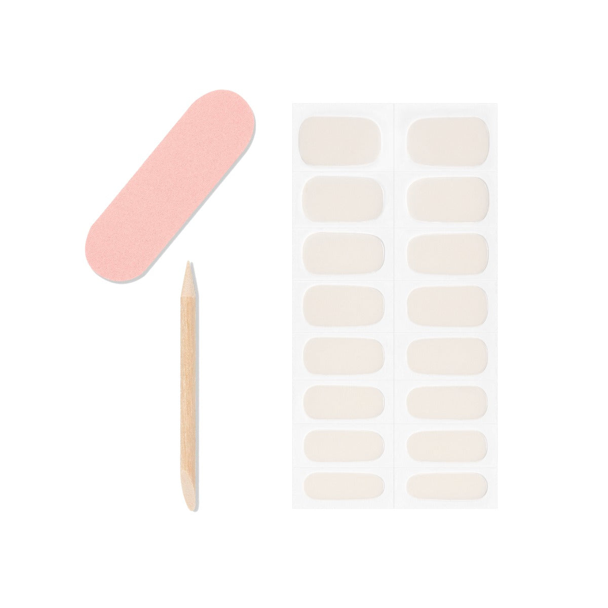 Illustration of 16 gel nail strips, 1 mini dual sided nail file and 1 orange wood stick from Ardell.