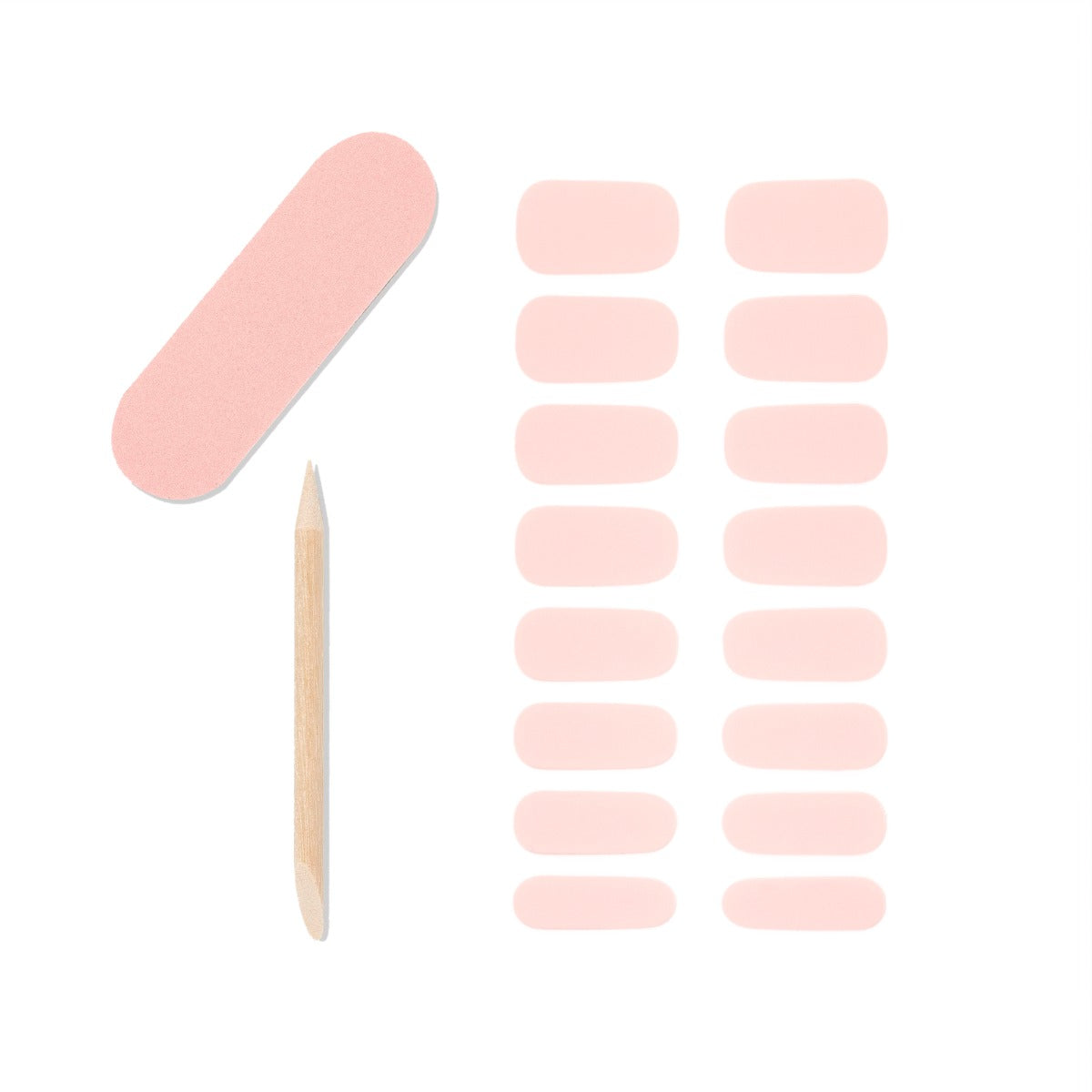 Illustration of 16 gel nail strips,1 mini dual sided nail file and 1 orange wood stick from Ardell.