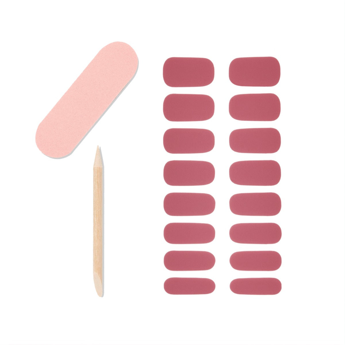 Display of 1 mini nail file, 1 orange wood stick and 16-piece nail gel strips from Ardell.