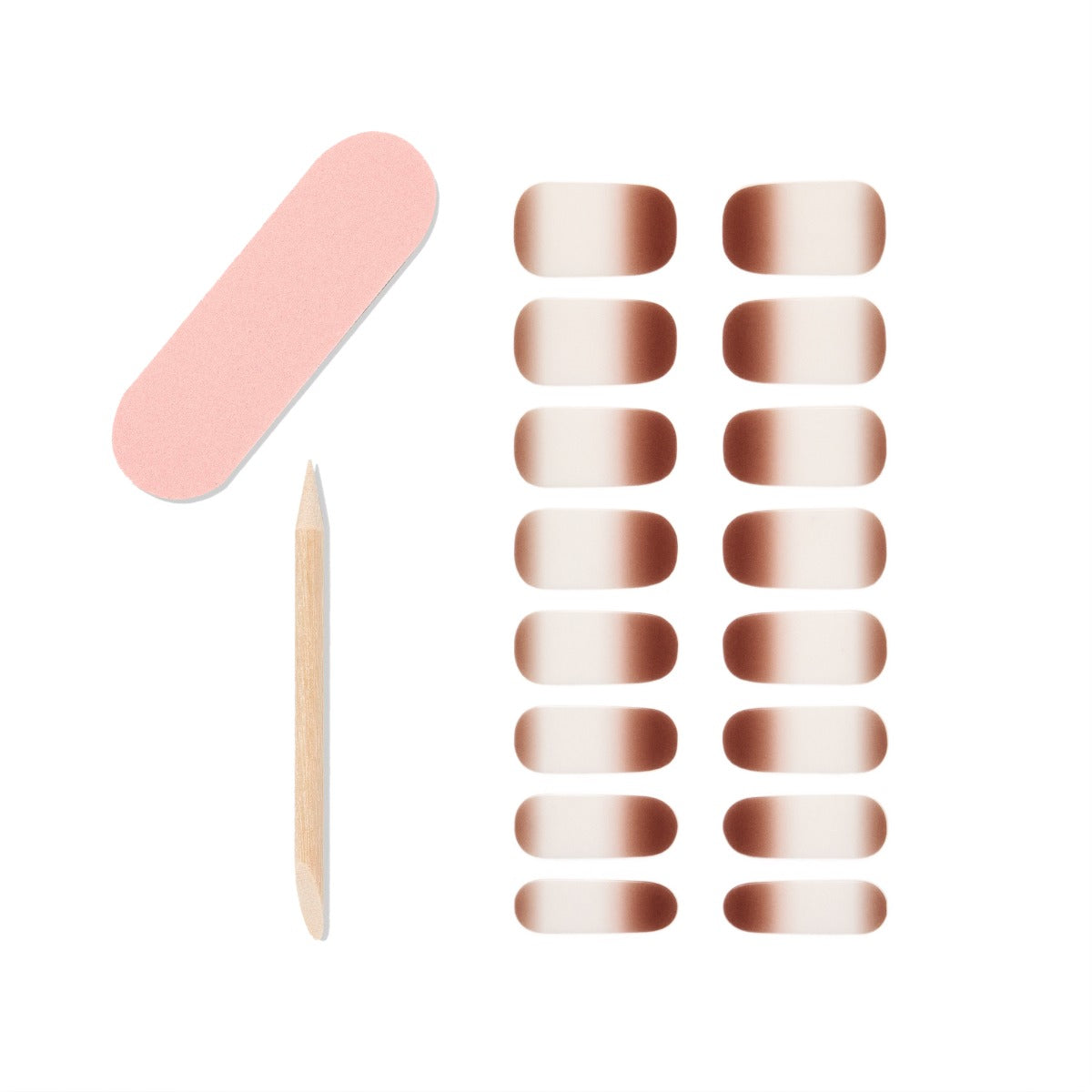 Illustration of Ardell 16 gel nail strips, 1 mini dual sided nail file and 1 orange wood stick