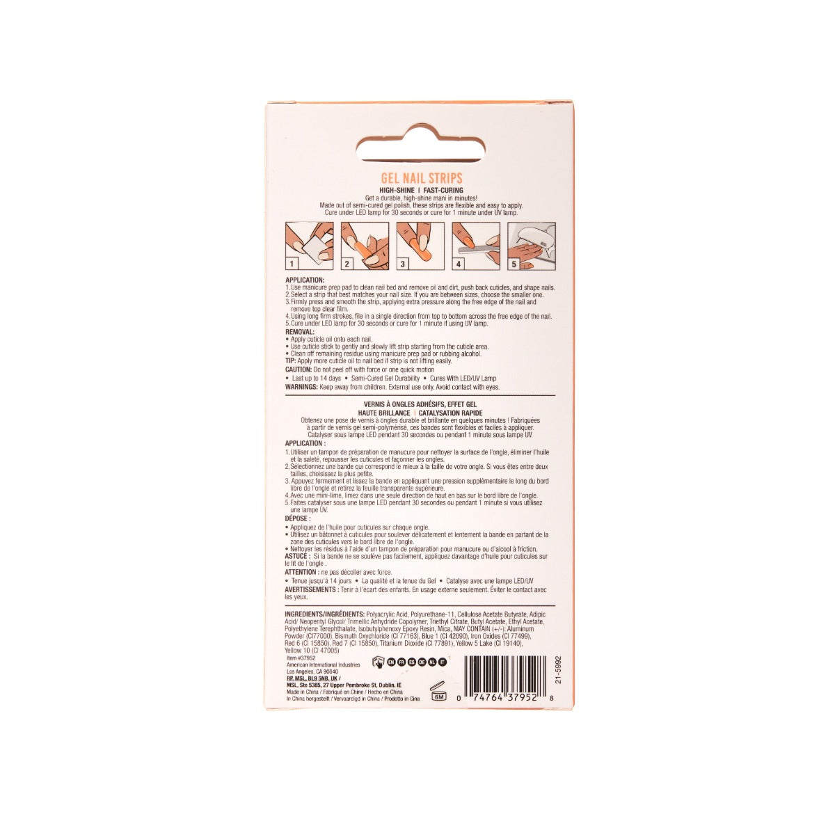 Back details of Gel Nail Strips packaging box.