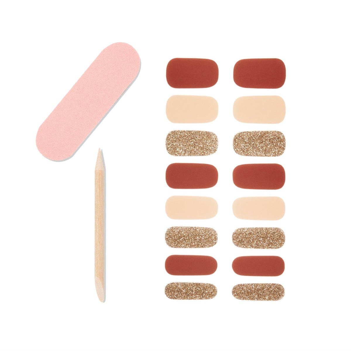 A set of nail art with 16 gel nail strips, 1 mini dual sided nail file and 1 orange wood stick.