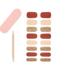 A set of nail art with 16 gel nail strips, 1 mini dual sided nail file and 1 orange wood stick.