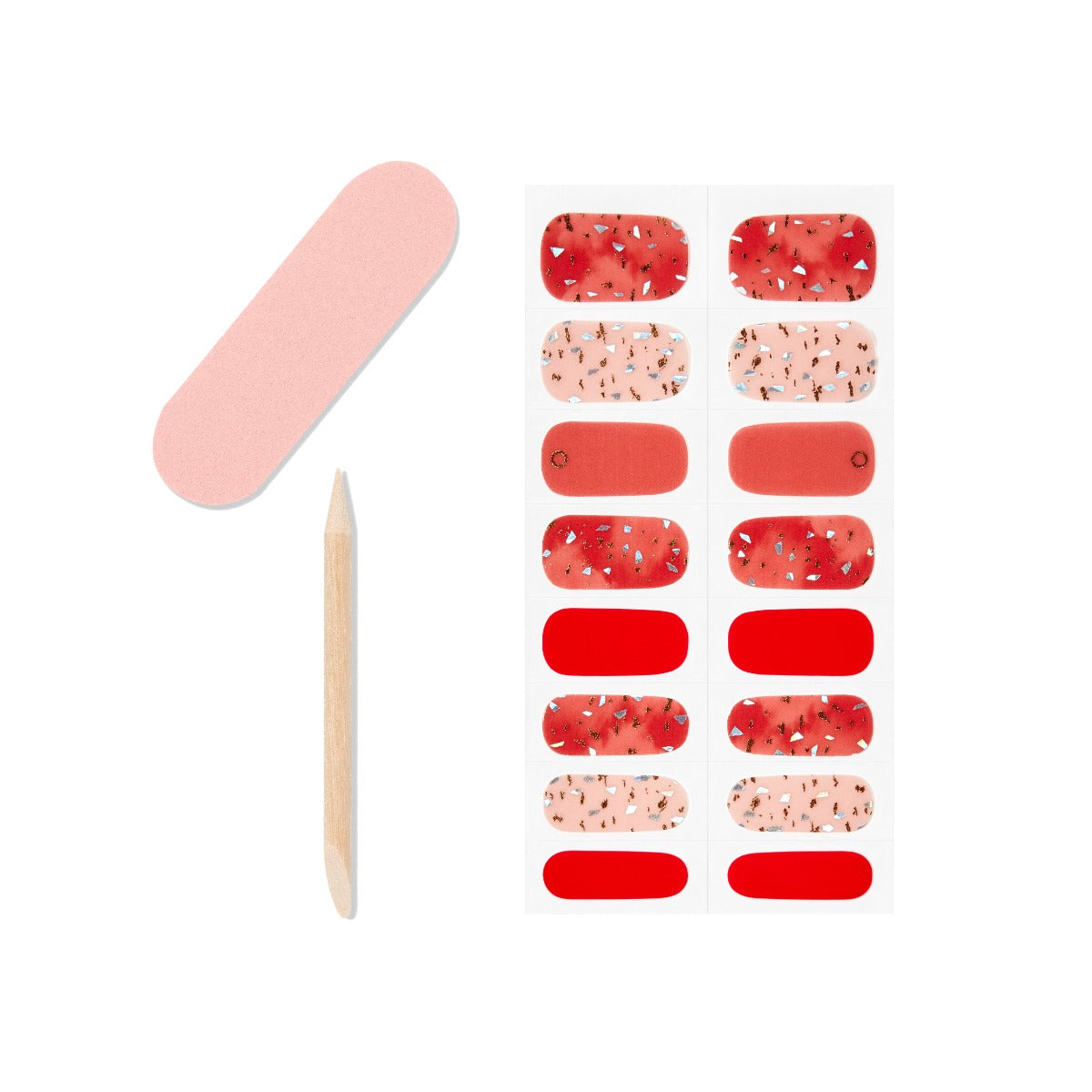 A set of 16 gel nail strips, 1 mini dual sided nail file and 1 orange wood stick from Ardell.