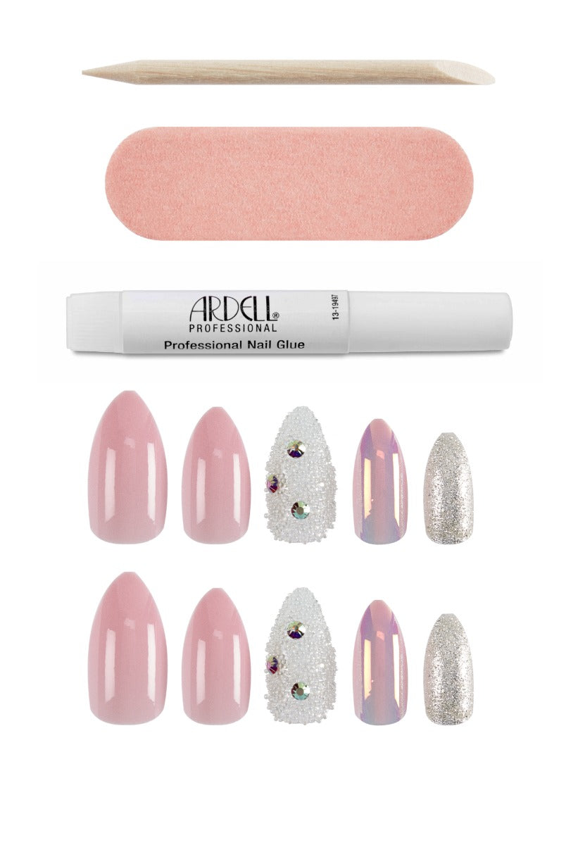 A stylish set of pink and glitter press-on nails with rhinestones, perfect for a glamorous manicure.