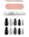 Marble & Diamonds stiletto press-on nails with rhinestone accents, nail glue, file, and cuticle stick for easy application.