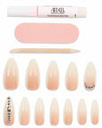 Nude gradient press-on nails with rhinestone accents, includes glue, file, and cuticle stick for easy salon-quality application.
